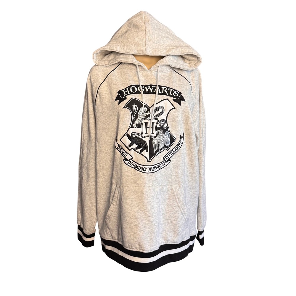 Harry Potter Hogwarts Crest‎ Hoodie Size Large Gray Embroidered Sweatshirt L